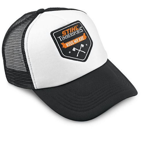Stihl Timbersports trucker cap hvit og svart med kiss my axe logo